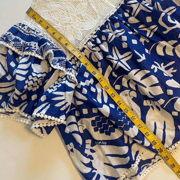 Farm Rio Jungle Scarf Ruffle Lace Blouse Womens Large Blue White Flutter Sleeve - Picture 10 of 11